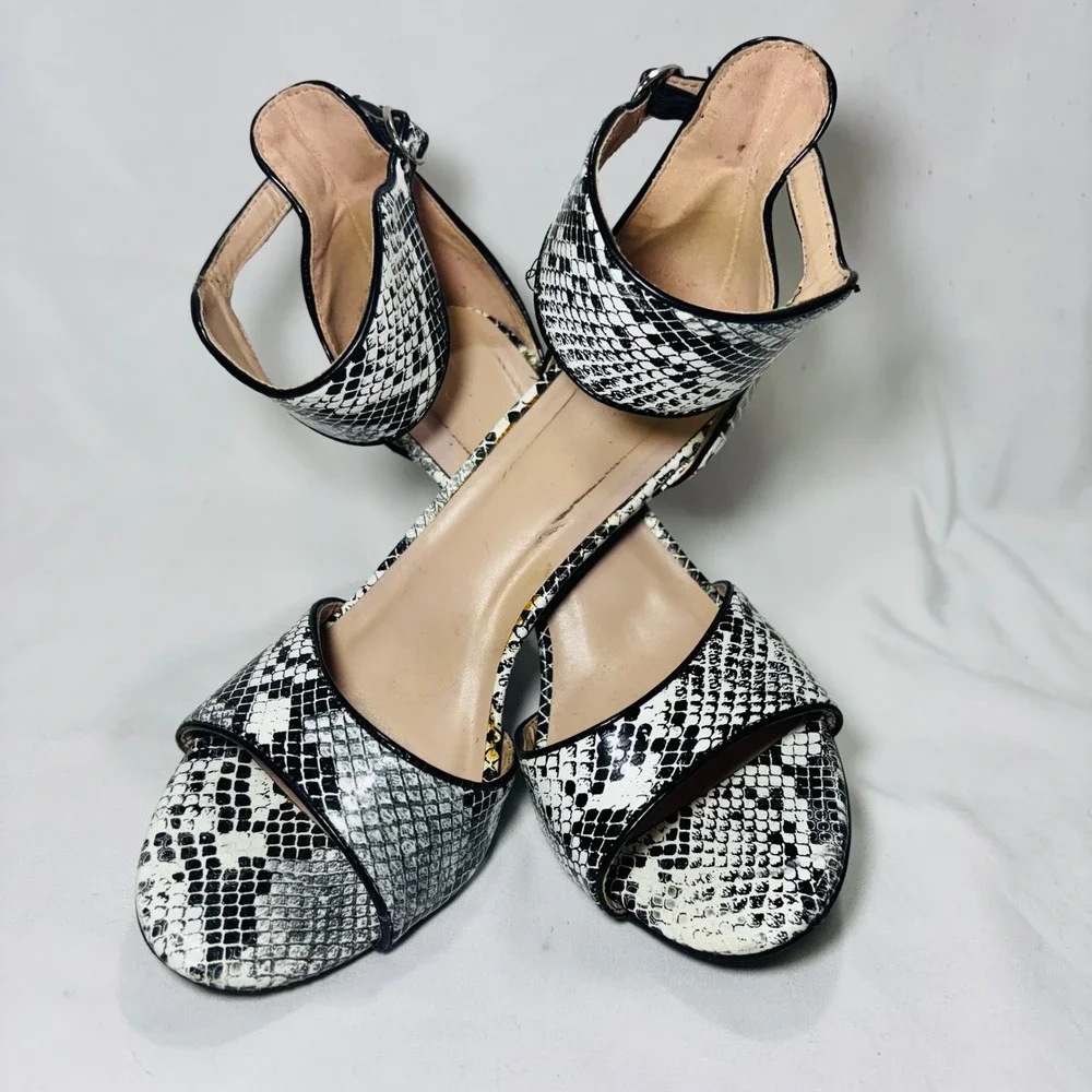 Black White Snakeskin Ankle Strap Stiletto Heels Open Toe Dress Sandals Women